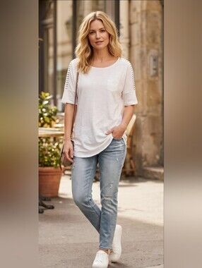 White Stud-Accent Short Sleeve Tunic